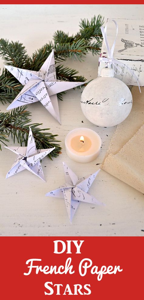 Make these charming DIY French Paper Star Ornaments to add to your Christmas tree or decor! Free Printables and tutorial are included! By Diana Dreamsfactory. #GraphicsFairy French Christmas Ornaments Diy, Paper Diy Ornaments, German Christmas Ornaments Diy, French Christmas Ornaments, Paper Star Ornaments Diy, French Christmas Decorations, French Ornaments, Paper Star Ornaments, Crafty Christmas Gifts