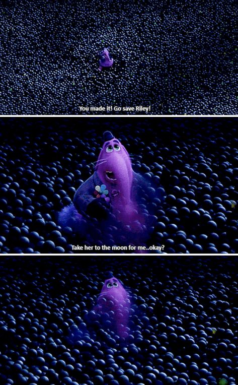 In Inside Out, when Bing Bong sacrificed himself so Joy could save Riley, and he faded away forever. Bingbong Insideout Tattoo, Inside Out Memory Balls Wallpaper, Inside Out Scenes, Bing Bong Tattoo, Inside Out Quotes Disney, Bingbong Insideout, Inside Out Tattoo, Inside Out Painting, Inside Out Quotes