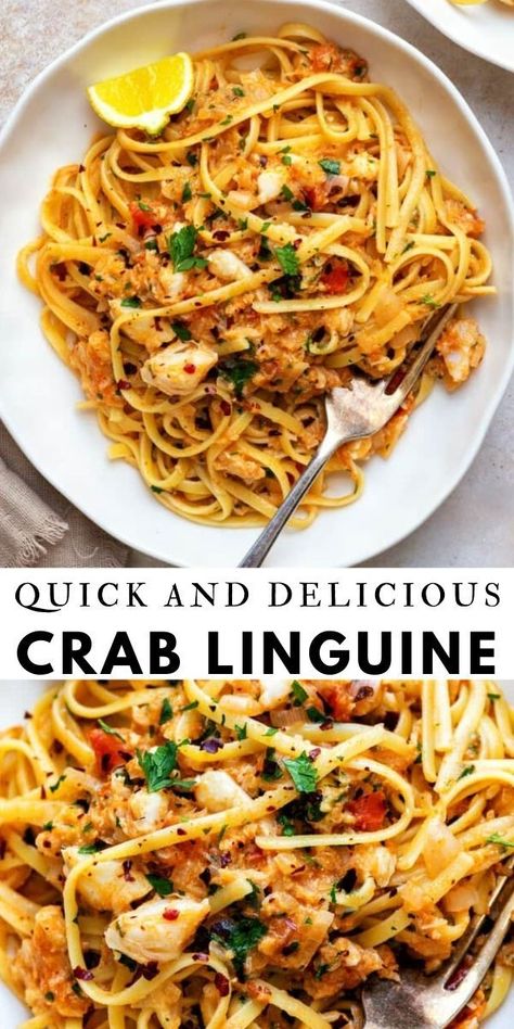 Fancy Crab Dinner, Shrimp And Crab Linguine Recipe, Pasta Crab Recipes, Quick Linguine Recipes, Crab Linguini Recipe, Seafood Pasta Crab And Shrimp, Crab Pasta Recipes Healthy, Lump Crab Meat Pasta Recipes, Dinner Recipes With Crab Meat