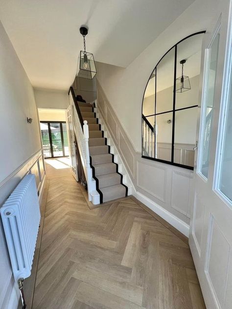 Half White Wall, Hallway Landing, Stairs Hallway, Home Stairs, House Renovation Design, Staircase Interior Design, Stairs Design Interior, House Staircase, Home Hall Design