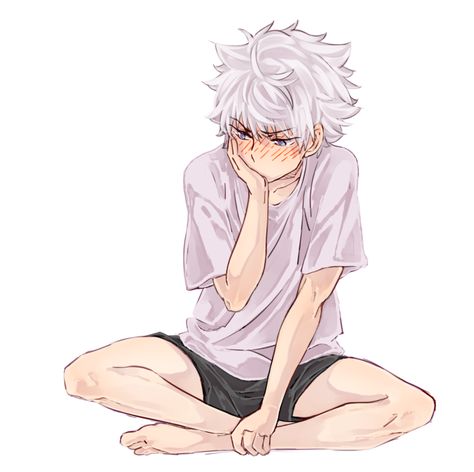 Killua zoldyck Hunter x Hunter Shy Anime Guy Blushing, Silver Hair Boy, Boy With White Hair, Otaku Funny, Boy Drawing, Hunter Anime, Anime Hair, Character Design Male, Cute Chibi