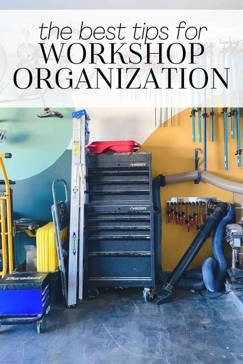 A ton of ideas, tips, and tricks for garage workshop organization - especially if you're working in a small workshop! Workshop Color Ideas, Workshop Organization Ideas, Tool Closet, Garage Workshop Organization, Workshop Layout, Mechanical Workshop, Fancy Table, Tool Stands, Woodworking Shop Layout