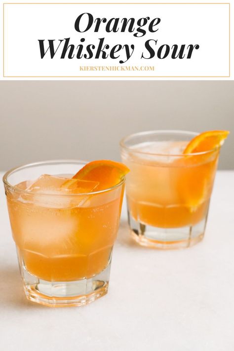 Serve these orange whiskey sours with a small orange slice to give this cocktail a pop of extra color. #whiskeysour #whiskeycocktails #whiskeydrink #orangewhiskeysour #whiskeysourrecipe Orange Whiskey Sour, Whiskey Orange Juice, Orange Juice Cocktails, Whiskey Drinks Recipes, Pure Cranberry Juice, Whiskey Sour Recipe, Orange Juice Drinks, Real Fruit Juice, Liquor Recipes