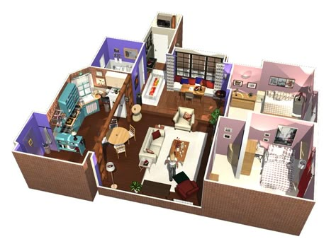 Friends TV Show Apartment in 3D | HomeByMe The Friends Apartment, Sims 4 Friends Tv Show, Sims Friends Apartment, Friends Themed Apartment, Sims 4 Friends Apartment, Monica And Rachel Apartment, Friends Door Wallpaper, Friends Apartment Layout, Friends Room Decor Tv Show