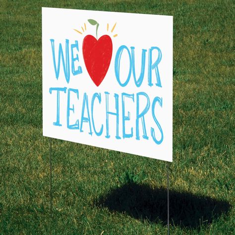 A We Love Our Teachers Yard Sign is a fun and inexpensive way to let teachers know how much they've been missed! This teacher appreciation lawn sign is double-sided and made of sturdy corex, so rain or shine your message can be seen from either direction. Made of weather-resistant corex Choose from 15" high x 22" wide or 22" high x 32" wide Printed on both sides Includes metal stake Easy assembly Teacher Appreciation Signs, Counselor Appreciation, Teacher Encouragement, Teacher Candle, Teacher Appreciation Quotes, Staff Appreciation Week, Kindness Projects, Double Islands, Pta School