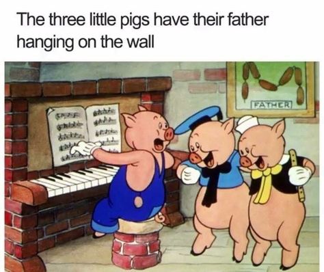 Three little pigs father ... is hanging on the wall.... as sausage!! Cartoon Logic, Three Little Pigs, Little Pigs, Funny Cartoon, Disney Movies, Pigs, Dankest Memes, Logic, Funny Jokes