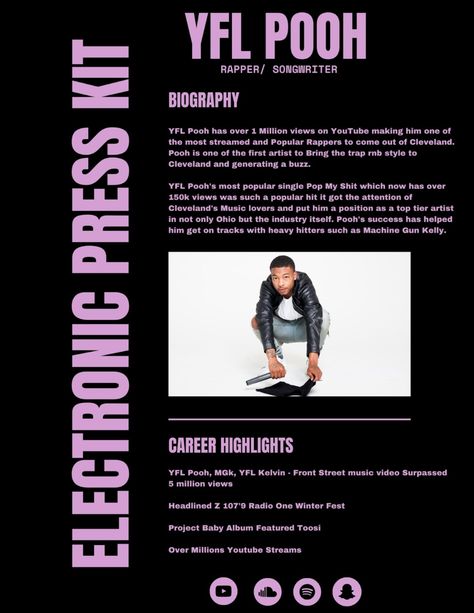 This 2-page electronic press kit template for bands, singers, and musicians is the perfect way to professionally introduce yourself to venues, festivals, press, and promotors ready to land the gig of your dreams!

The media kit template for music artists includes an artist's bio, links to your music, photos, a summary of your past performances, and your contact details. You can input all of your own information, including your own photos, in this pre-made electronic press kit  template. Electronic Press Kit Musicians, Epk Press Kit Music Template, Epk Press Kit Music, Press Release Design, Music Press Kit, Dj Press Kit, Rnb Style, Press Kit Template, Music Branding