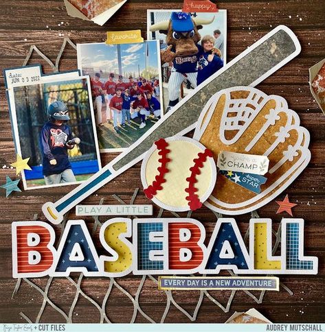 Baseball Scrapbook Layouts, Baseball Layouts, Baseball Scrapbook, Scrapbooking Sports, Paige Taylor, Paige Evans, Scrapbook Design Layout, Beautiful Scrapbook Layouts, Silhouette Design Studio