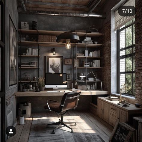 Industrial Home Offices, Modern Industrial Interior, Office Desk Designs, Industrial Home Design, Industrial Interior Design, Home Office Setup, Industrial House, Pole Barn, Desk Design