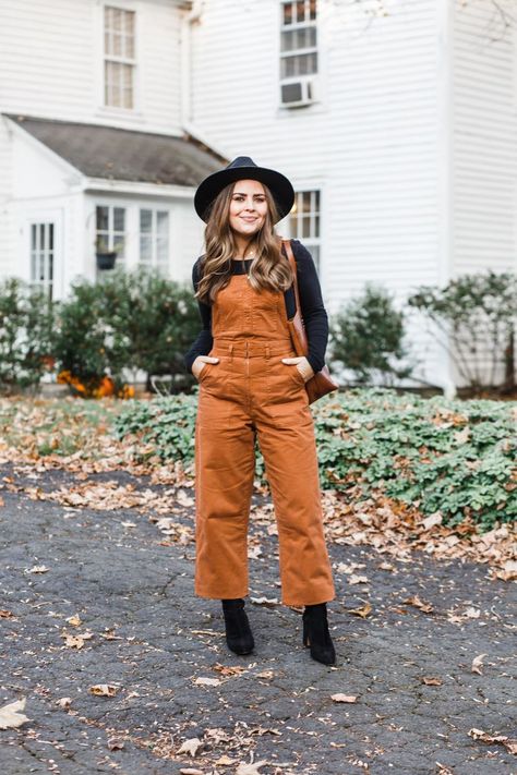 the cutest little fall overalls I’ve ever seen. Overall Outfits Fall, Overalls Outfit Fall, Jumpsuit Outfit Fall, Outfits Overalls, Fall Overalls, Overalls Fall, Church Outfit Fall, Brown Overalls, Maxi Dress Outfit Fall