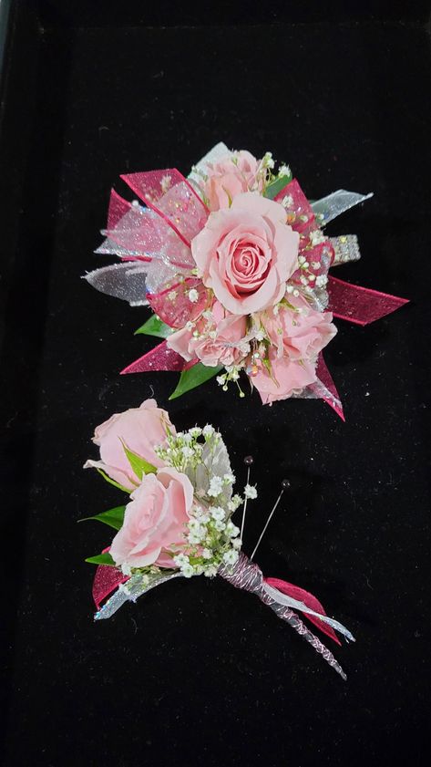 Light Pink Hoco Flowers, Pink And White Corsage And Boutonniere, Magenta Corsage, Pink Corsage And Boutonniere, Hot Pink Corsage, Light Pink Bouquet, Pink Corsage, Prom Flowers Corsage, White Corsage