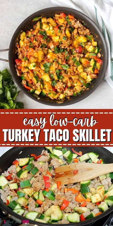 If you are looking for a healthy ground turkey recipe, this Turkey Taco Skillet is for you! Made with ground turkey, zucchini, peppers, taco seasoning, and cheese, this easy recipe is the perfect way to use ground turkey. Taco Seasoned Ground Turkey Recipes, Ground Turkey Fajitas, Ground Turkey Skillet With Zucchini, Lean And Green Ground Turkey Recipes, Ground Turkey Zucchini Recipes, Ground Turkey And Zucchini Recipes, Ground Turkey Taco Bowl, Low Carb Ground Turkey Recipes, Ground Turkey Taco Skillet