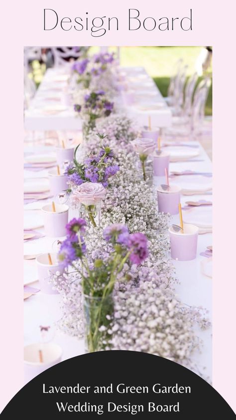 Lavender and green garden wedding inspiration Lavender Garden Wedding Theme, Lavender And Green Wedding, Apartment Playroom, Day Color Palette, Purple Wedding Tables, Lavender Centerpieces, Cake Florals, Wedding Design Board, Lavender Wedding Theme