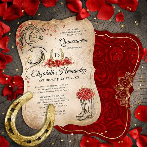 $3.38 | Red and Gold Rustic Ranchera Mexican Quinceanera | Quinceanera Invitations | ranchera mexican quinceanera invitations, rustic red roses gold horseshoe, black horse shoe boots sombrero, elegant diy template parchment photo, dark burgundy rose spanish princess, western themed quince 15th latina, cowgirl quinceañera cowboy theme hat, charro country style equestrian weddings, sweet 16 birthday party calligraphy, horses boot floral watercolor flowers Horse Birthday Invitations, Mexican Quinceanera, Equestrian Wedding, Quince Invitations, Floral Birthday Invitations, Quinceanera Invitation, Quinceanera Themes, Horse Birthday, Sweet 16 Birthday Party