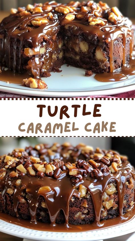 Turtle Caramel Cake Chocolate Cake With Caramel Frosting, Chocolate Cake With Caramel Sauce, Turtle Caramel Cake, Chocolate Caramel Desserts, Chocolate Caramel Dessert, Chocolate Turtle Cake, Creamy Chocolate Frosting, Recipe For Caramel, Chocolate Box Cake