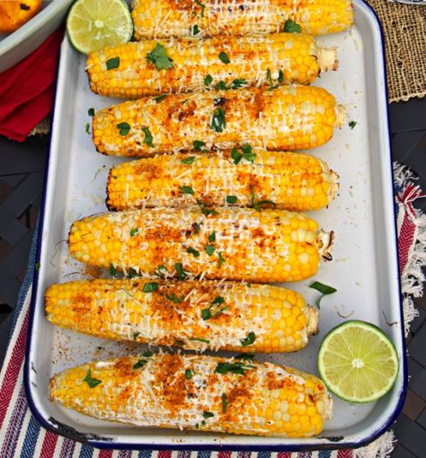 This grilled corn is topped with Greek yogurt and Parmesan. Healthy Bbq Recipes, Bbq Side Dish Recipes, Backyard Bbq Party, Bbq Side Dishes, Birthday Bbq, Bbq Sides, Side Dishes For Bbq, Summer Dishes, Corn On The Cob