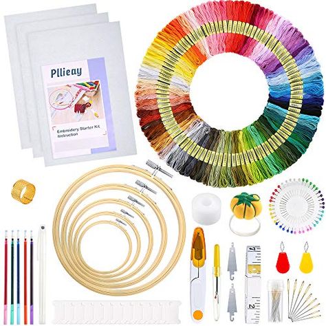 Pllieay 205 Pieces Full Range of Embroidery Starter Kit with Instructions, 5 Pieces Bamboo Embroidery Hoops, 100 Colo... Embroidery Kit Packaging, Beginning Embroidery, Cross Stitch Thread, Aida Cloth, Diy Embroidery Patterns, Hand Embroidery Kit, Halloween Embroidery, Different Stitches, Cross Stitch Needles