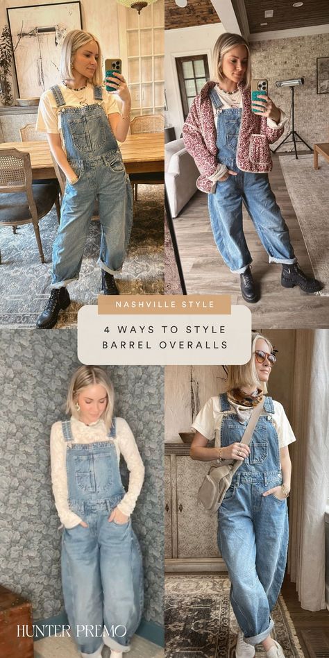 Wondering how to style barrel leg overalls? Well, here’s some fashion inspo! I can’t get enough of Free People Barrel Overalls - they are my style to a tee, and I find myself grabbing them constantly. Overalls are the perfect on-the-go mom look that helps you feel put together but still comfortable. Dive into this blog post to discover four ways to style these overalls and stay tuned for a daily dose of outfit ideas! Hunter Premo. 4 Ways to Style Barrel Overalls Barrel Leg Overalls Outfit, How To Style Bib Overalls, Barrel Overalls Outfit, Wide Leg Overalls Outfit, Overalls Outfit Winter, Styling Overalls, Overalls Fall, Boho Overalls, Hunter Premo