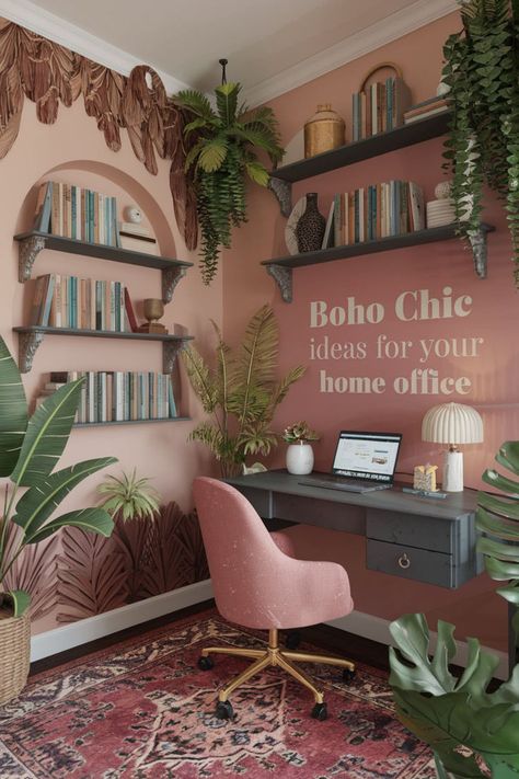 A bohemian home office thrives with vintage and eclectic furniture pieces. 🌿🪑 Opt for a mix of an antique wooden desk, rattan chair, and a cozy velvet armchair. 🛋️✨ Pair with layered rugs in a bohemian color palette to add warmth. 🎨🧡 Include open shelves for boho chic decor and personal treasures. 🧺🌿 This blend of old and new brings unique character to your space. #bohemianhomeoffice #vintageofficeinspiration #bohemianflair #bohointerior #bohochicdecor #bohostylehouse #bohemianstyle Pink And Green Home Office, Colorful Home Office Ideas, Cozy Boho Office, Cosy Office Ideas, Home Office Boho Chic, Dusty Pink Walls, Boho Office Ideas, Maximalist Office, Antique Wooden Desk