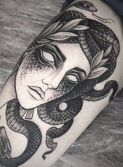 37 Dreamy Myth Tattoo for Tattoo Lovers tattoos, little tattoos, tattoo ideas,tattoo for women Halloween Sleeve Tattoo, Medusa Tattoo Stencil, Tattoo Sleeve Themes, Tattoo Medusa, Halloween Sleeve, Cute Halloween Tattoos, Halloween Tattoos Sleeve, Arabic Tattoo Quotes For Women, Medusa Tattoo Design