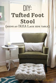 Lack Side Table, Diy Tufted Ottoman, Ottoman Ideas, Ikea Lack Side Table, Stool Diy, Chair Reupholstery, Lavish Living Room, Tufted Furniture, Diy Stool