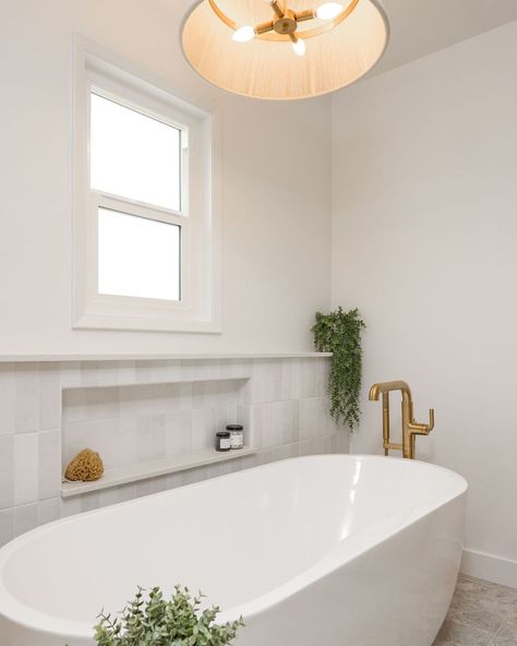 Because this bathtub deserves an apprecesion post of its own✨😍 #CRAFT #californiacasual #coastalinteriordesign #bathroominspo #primarybathroom #remodel Bathtub Nook Alcove, Bathtub Against Wall, Wall Behind Tub Master Bath, Master Tub Decor Ideas, Free Standing Tub Surround, Storage For Free Standing Tub, Shelf Behind Freestanding Tub, Shiplap Behind Bathtub, Master Tub Decor