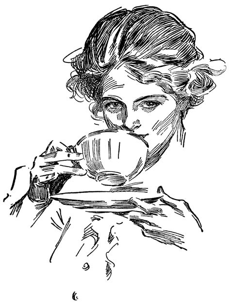 lady drinking tea, tea time graphics, vintage lady clip art, black and white clipart, Harrison Fisher sketch Best Tea Brands, Tea Brands, Victorian Lady, Clip Art Vintage, Illustration Vintage, Art Style Inspiration, Art Plastique, Vintage Tea, Drinking Tea