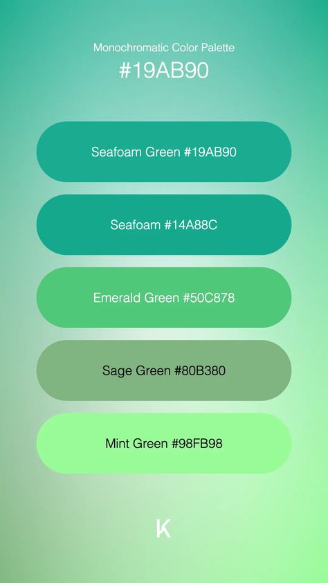 Monochromatic Color Palette Seafoam Green #19AB90 · Seafoam #14A88C · Emerald Green #50C878 · Sage Green #80B380 · Mint Green #98FB98 Sea Green Color Palette, Monochromatic Color Palette, Sea Green Color, Hex Color Palette, Palette Inspiration, Green Colour Palette, Coastal Blue, Hex Colors, Aqua Green