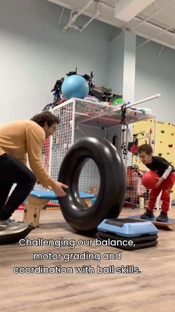 More Than A Gym on Instagram: "Challenging our balance, motor grading and coordination with ball skills. Verbal cues for “over” or “inside” provided! #morethanagym #pediatricpt #pediatricphysicaltherapy #pedipt #physicaltherapy #balance #coordination #ballskills #grossmotor #grossmotorskills #grossmotorplay #longisland" Balance Activities, Pediatric Physical Therapy Activities, Adapted Physical Education, Child Development Activities, Coordination Activities, Bilateral Coordination, Therapy Ball, Sensory Therapy, Pediatric Physical Therapy