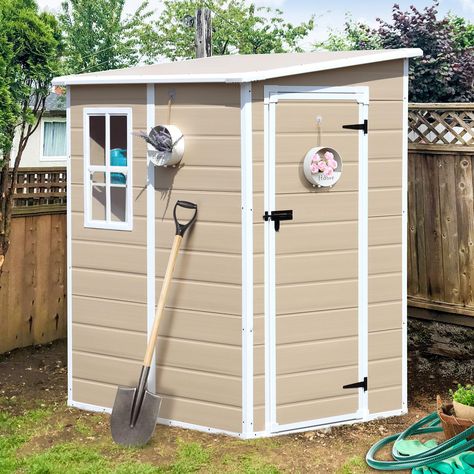 PRICES MAY VARY. 🏡[SPACIOUS OUTDOOR SHED]: 5x4FT Overall dimensions: 59.4''D x 43.3''W x 75.2''H , Roof Size: 58.1''x 48.4'', Base Size: 54.3'' x 43.3'', Door Size: 25.2 '' x 65.7'', Window Size: 15.2'' x 24.6'' , with sufficient height for an adult to enter. It is a small-sized backyard shed, but large enough to accommodate various household items such as lawnmowers, ladders, trash cans, and folding bikes. It is comfortable to use without feeling cramped. 🏡[PREMIUM MATERIAL STORAGE SHED WITH Small Garden Shed Ideas, Small Garden Shed, Material Storage, Outdoor Storage Shed, Tool Shed, Resin Storage, Backyard Gardening, Backyard Shed, Patio Backyard