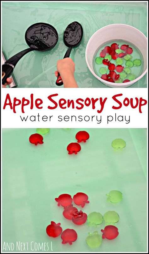 Apple themed fine motor water sensory play for toddlers and preschoolers from And Next Comes L Apple Sensory Bin, Apple Sensory, Water Sensory Play, Sensory Play For Toddlers, Preschool Apple Theme, September Preschool, Play Preschool, Fall Sensory, Sensory Play Toddlers