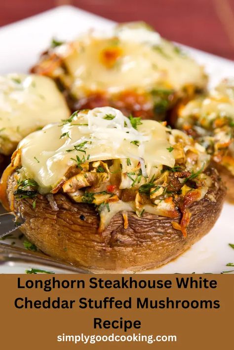 Longhorn Steakhouse White Cheddar Stuffed Mushrooms Recipe - Simply Good Cooking Longhorn Parmesan Crusted Mushrooms, Copycat Restaurant Recipes Longhorns, Longhorn Steakhouse Stuffed Mushroom Recipe, Longhorn White Cheddar Stuffed Mushrooms, Longhorn Steakhouse Stuffed Mushrooms, Longhorns Stuffed Mushrooms, Stuffed Mushrooms Longhorn Recipe, Longhorn Mushrooms Recipe, Longhorn Stuffed Mushrooms