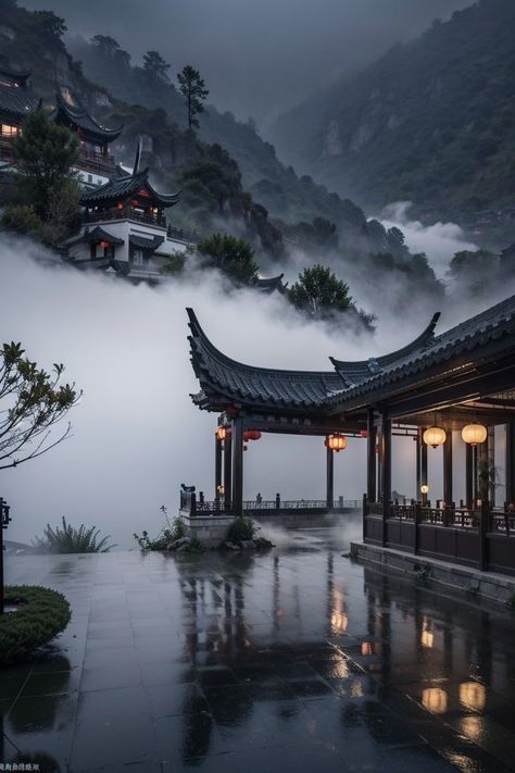 Ancient Asia Aesthetic, Modern House On A Hill, Temple Chinese, Ancient Chinese Aesthetic, Ancient China Aesthetic, Guerriero Samurai, Genos Wallpaper, Chinese Wallpaper, Asian Landscape