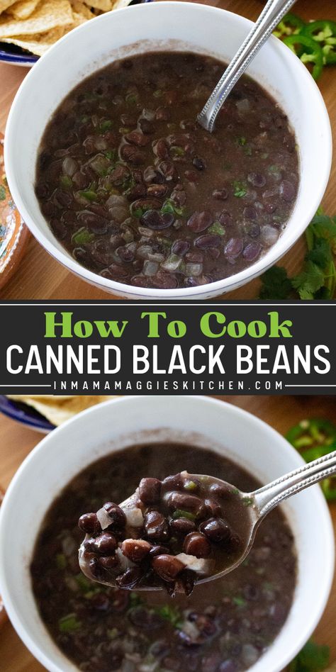 Learn how to cook canned black beans and transform them into a delicious side dish or light lunch. Serve with your favorite Mexican recipes – tacos, burritos, tostadas and more! Black Bean Side Dish Simple, Tostadas Side Dishes, Black Beans Recipe Canned, Canned Black Beans Doctored Up, Canned Black Bean Recipes, Recipes With Black Beans, Recipes Tacos, Black Beans Recipe, Taco Side Dishes