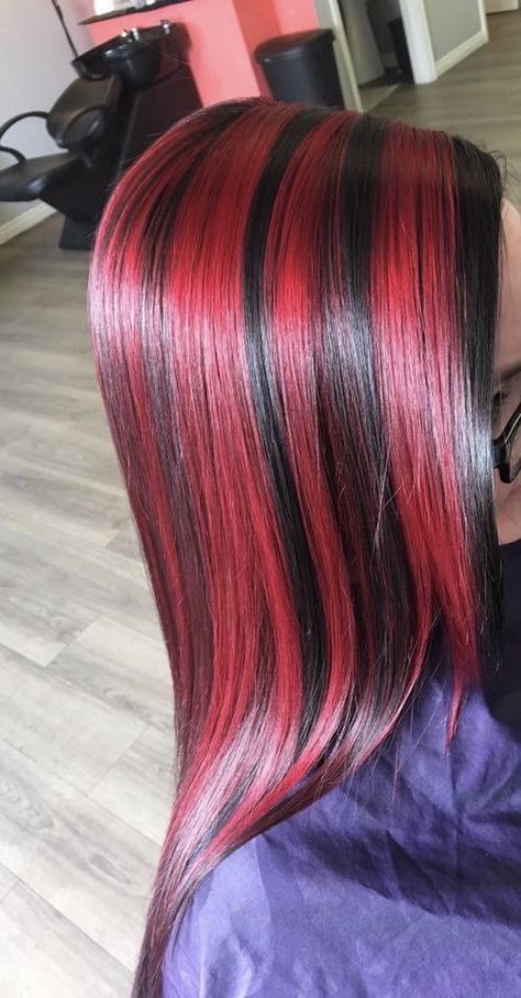 Dark hair with red chunky highlights Chucky Red Highlights, Red Thick Highlights, Red Hair With Black Chunky Highlights, Chunky Highlights Burgundy, Chunky Red And Black Highlights, Bright Red Hair With Black Highlights, Thick Red Highlights, Red Hair W Black Highlights, Black And Red Skunk Hair