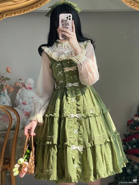 Cute Frilly Dresses, Green Cottagecore Dress, Cute Feminine Outfits, Frog Dress, Whimsigoth Cottagecore, Western Y2k, Fashion Cottagecore, Retro Fashion Outfits, Lolita Outfits