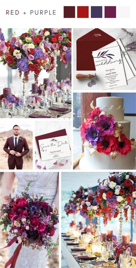 ❤️💜20 Red and Purple Wedding Color Ideas 2023 Red And Purple Winter Wedding, Red Violet Wedding Theme, Purple Red And Silver Wedding, Purple Red Gold Wedding, Red White And Purple Wedding, Blue Purple Scarlet Wedding, Red And Dark Purple Wedding, Red Purple Wedding Decorations, Red Wedding Ideas Color Schemes