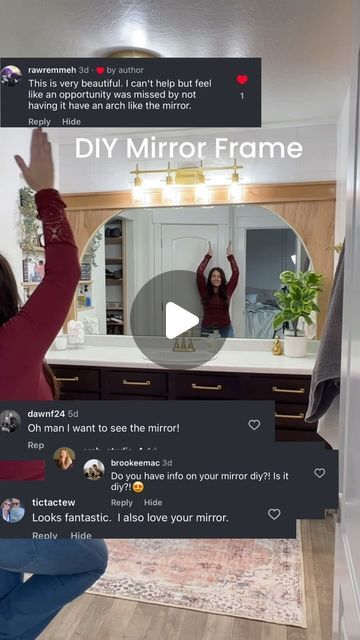 Brandali M Radulovich on Instagram: "✨ Adding a touch of elegance to my bathroom with this DIY wood arched frame for my mirror and some tile! 🛁✨ Who needs to remove the existing mirror when you can create a custom look with a little lumber and some time? 😍🔨 I used a tile adhesive sticker to attach the tile and it had been a year and worked beautifully! Feeling proud of my #DIY skills today! 💪 I have the whole process documented on my blog if you want more info I can send you a link!   ✨If you want tile adhesive links comment the word “Tile” ✨ If you want the blog post on the process comment the word “Mirror”  #BathroomDecor #Woodwork #MirrorFrame #HomeRenovation #CustomLook #UniqueDesign #DIYProject #SelfMade #HomeInspo #ArchedFrame #diy #diytile" Bathroom Mirror Frame Diy, Diy Mirror Frame Bathroom, Bathroom Mirror Makeover, Bathroom Mirrors Diy, Tile Adhesive, My Mirror, Bathroom Mirror Frame, Mirror Frame Diy, Primary Bath