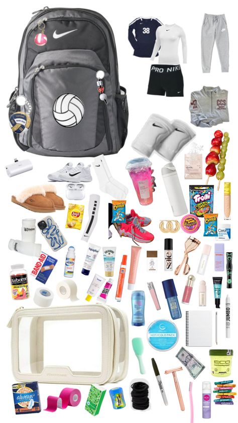 Sports Bag Essentials, Volleyball Accessories, Volleyball Tryouts, School Backpack Essentials, Soccer Hair, Volleyball Bag, Volleyball Inspiration, Volleyball Humor, Volleyball Tips