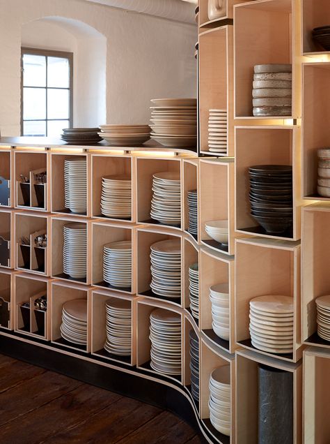 Equipping the kitchen with proper and more organized plates and utensils rack. A wooden rack adds on to the whole concept of the wooden-theme. A slight touch of the theme in the kitchen to give the kitchen a more enhanced look. Dishes Storage, Kitchenware Design, Storage Pantry, Pantry Kitchen, Cutlery Storage, Plate Storage, Storage Idea, Wooden Rack, Restaurant Concept