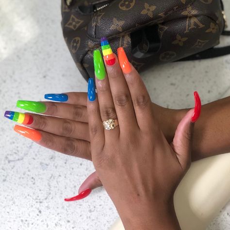 Rainbow Nails #rainbow #pony #rainbownails #coffinnails Pride Coffin Nails, Mommy Nails, Nail Rainbow, Nail Suggestions, Nails Rainbow, Sassy Nails, Drip Nails, Glow Nails, Nail Tattoo