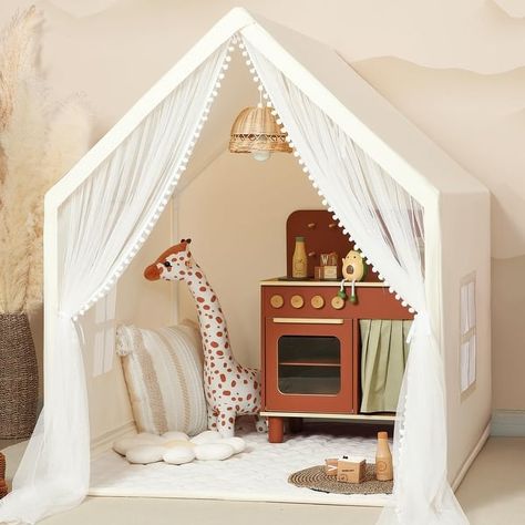 Kids Tent Beige Play Tent with Long Mesh Curtain and Mat - On Sale - Bed Bath & Beyond - 39680448 Play Houses For Kids Indoor, Large Playhouse, Play Cottage, Bunk Room Ideas, Mesh Curtain, Kids Tent, Fairy Room, Fabric Drape, Hudson Homes