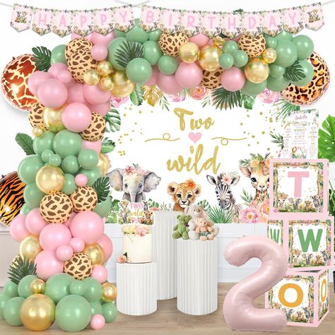 PRICES MAY VARY. 【WARM JUNGLE WORLD】🐘 Create a cozy two wild party with green, pink, and gold colors! Cute jungle animals bring unlimited fun and novel experiences to your little one and other children to explore a different wild world. Create precious memories with our safari party decorations and let everyone enjoy an unforgettable day! 【TWO WILD BIRTHDAY DECORATIONS FOR GIRL SET】🦁 85 x 12’’ latex balloons, 30 x 5’’ latex balloons, 1 x number foil balloon, 3 x animal print foil balloons, 12 Girly Zoo Birthday Party, Safari Second Birthday Party, Birthday Themes For 2 Year Girl, Animal Second Birthday Party, 1 Birthday Girl Theme, Two Wild Birthday Decorations, 2 Year Birthday Theme Girl, Two Wild Birthday Party Girl, Wild Birthday Decorations