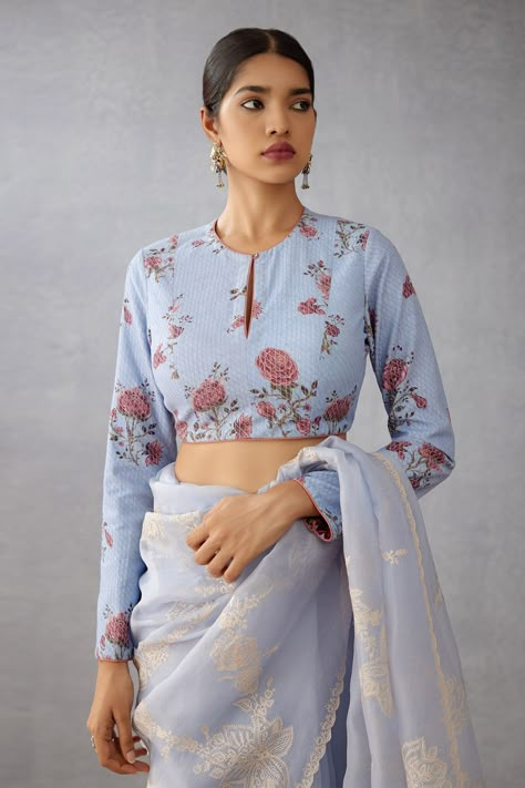 Shop for Torani Blue Cotton Silk Samsara Yuvani Chintz Print Blouse for Women Online at Aza Fashions Full Sleeve Blouse Design, Blouse Design Simple, Long Sleeve Blouse Designs, Chintz Print, Modern Blouse, Fashionable Saree, Long Blouse Designs, Blouse Designs High Neck, Cotton Saree Blouse Designs