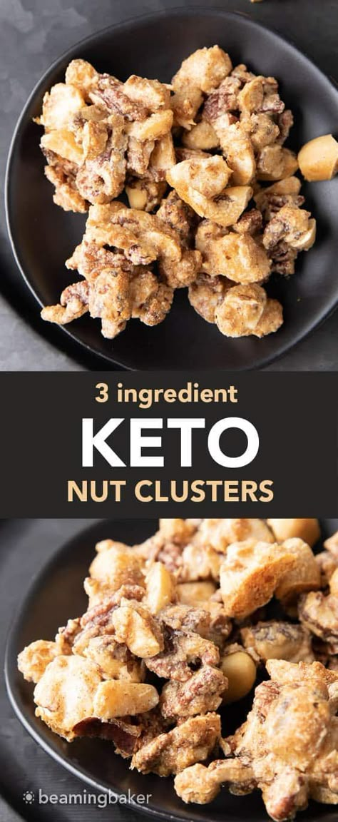 Keto Nut Clusters: just 3 ingredients and 5 minutes of prep for crispy, crunchy keto nut clusters with a sweet, nutty chew. Low Carb, Keto Nuts. #Keto #LowCarb #Nuts #KetoNuts | Recipe at BeamingBaker.com Nut Cluster Recipe, Nut Clusters, Low Carb Candy, Keto Granola, Keto Candy, Vegan Cookies Recipes, Walnut Recipes, Nut Recipes, Keto Dessert Easy