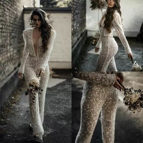 V Neck Bridal Gown, Jumpsuits Wedding, Modern Jumpsuit, Jumpsuit Wedding Dress, Dubai Women, Wedding Jumpsuit, V Neck Wedding Dress, Micro Wedding, Dresses Lace