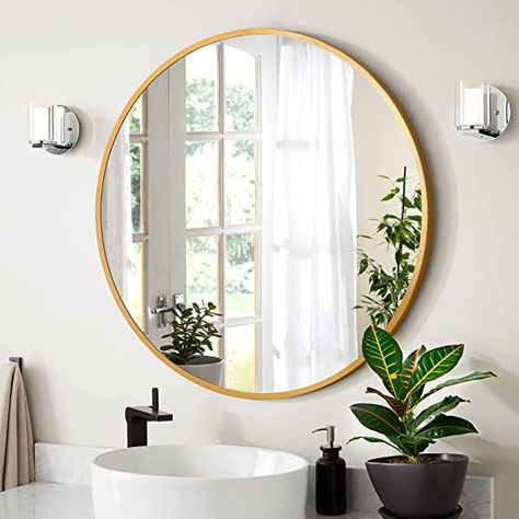 Amazon.com: A.T.Lums 24 Inch Gold Round Mirror, Wall Mounted Circle Mirror with Metal Frame, Suitable for Bathroom, Vanity, Entryway, Living Room, Wall Decor : Health & Household Gold Circle Mirror, Black Round Mirror, Round Gold Mirror, Shower Mirror, Shaving Mirror, Circle Mirror, Round Wall Mirror, Framed Mirror Wall, Bathroom Vanity Mirror