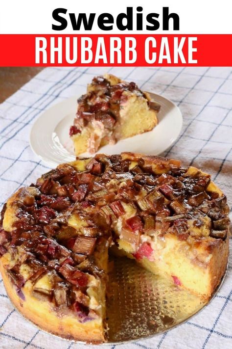 Learn how to make traditional Rabarberkage. Our easy homemade Swedish Rhubarb Cake features a soft sponge cake, pastry cream and cardamom flavoured rhubarb chunks. Soft Sponge Cake, Rhubarb Desserts Recipes, Rhubarb Cake Recipes, Rhubarb Scones, Best Rhubarb Recipes, Roasted Rhubarb, Rhubarb Desserts, Homemade Custard, Rhubarb Cake