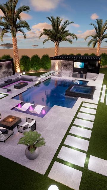 Luxury Garden With Pool, Cute Backyard Ideas With Pool, Contemporary Pool Design Backyard, Landscape Pool Design, Modern Pool Backyard Design, Pool Design Ideas Backyards, Backyard Luxury Design, Swimming Pools Backyard Landscape Ideas, Backyard Inspo Patio With Pool