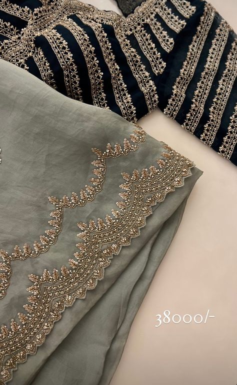 Zardosi Embroidery Dupatta, Handwork Embroidery Design Saree, Khatli Work Saree Design, Embroidery Dupatta Designs Ideas, Handwork Duppata Design, Hand Work Border Design, Dupatta Designs Ideas Hand Work, Couture Embroidery Designs, Zardozi Embroidery Designs Border